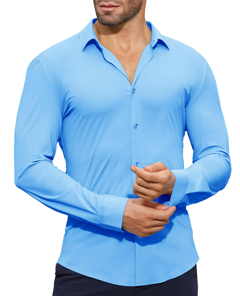 Lion Nardo Stretch Mens Dress Shirts Long Sleeve Muscle Fit Dress Shirts for Men Slim Fit Big and Tall Casual Button-Down Shirts Ice-Blue