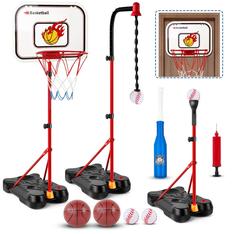 GODELAIF 4 in 1 Toddler Basketball Hoop and T Ball Set Adjustable Height Kids Basketball Hoop Hanging Tee Baseball Indoor Outdoor Sport Toys Gifts for Kids Boys Girls Ages 3 4 5 6 7 8 Years Old