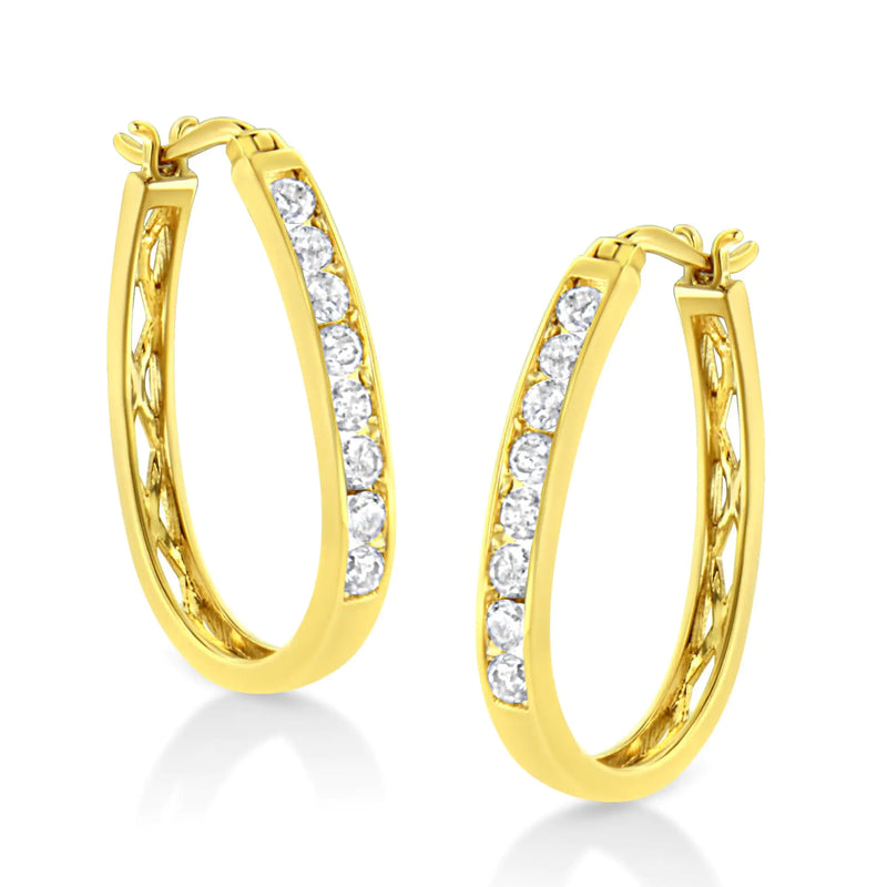 14k Yellow Gold Plated .925 Sterling Silver 1.0 Cttw Channel Set Brilliant Round Cut Diamond Hoop Earrings (J-K Color, I2-I3 Clarity)