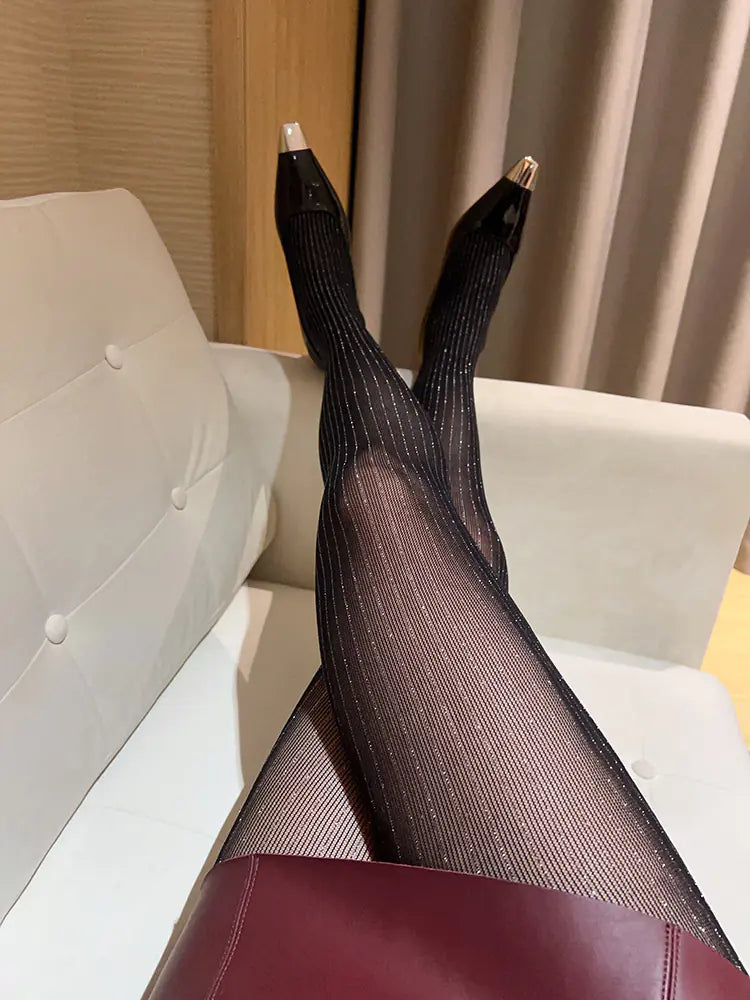 Bright Silk Black Stockings with Vertical Pattern Design