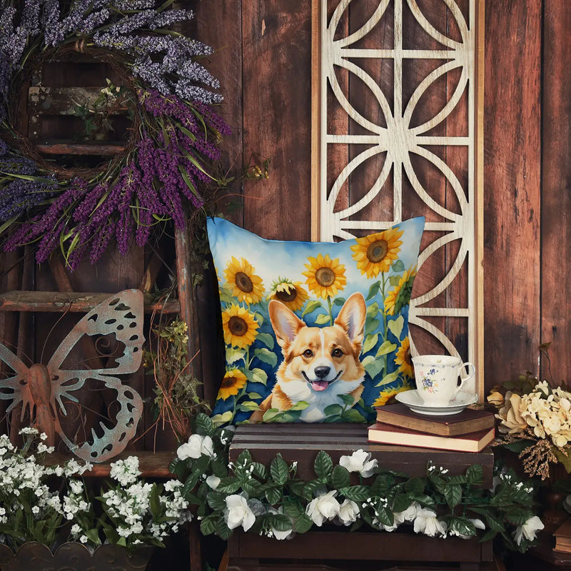 Corgi in Sunflowers Throw Pillow