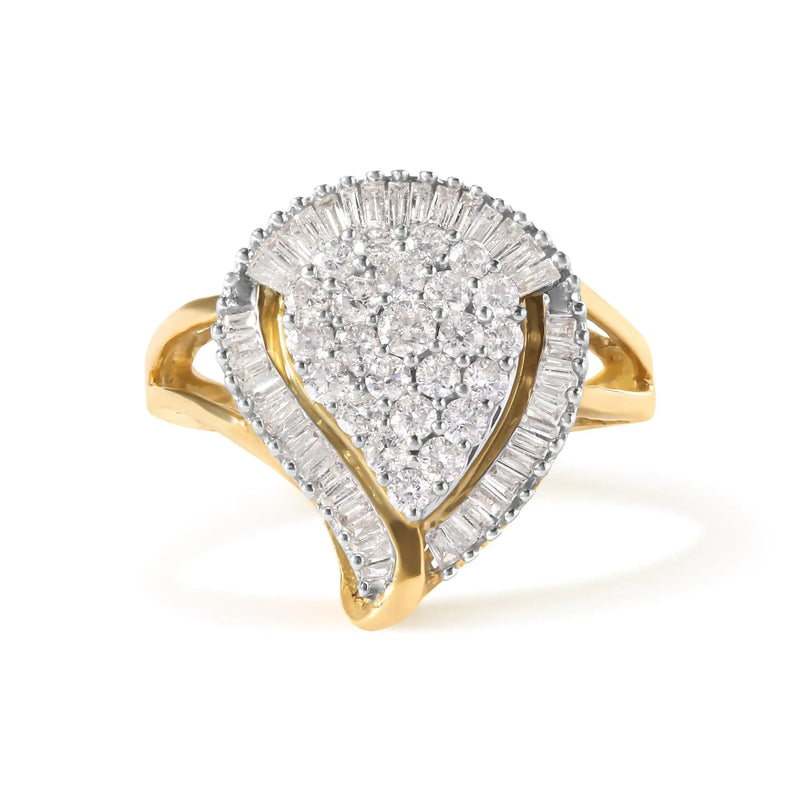 10K Yellow Gold 1 Cttw Round and Baguette Cut Diamond Ballerina Cluster Ring (H-I Color, SI2-I1 Clarity)