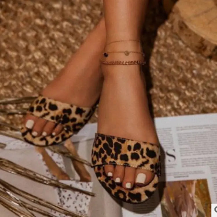 Leopard Print Flat Open-Toed Sandals and Slippers