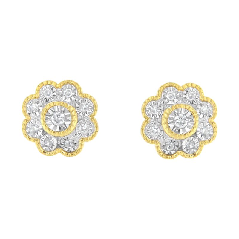 14K Yellow Gold Plated .925 Sterling Silver 1/6 Cttw Miracle-Plate Set Diamond Floral Stud Earrings (I-J Color, I2-I3 Clarity)