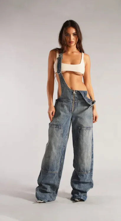 Y2K Denim Overalls with Pockets - Loose Fit Jumpsuit for Women, Streetwear Style