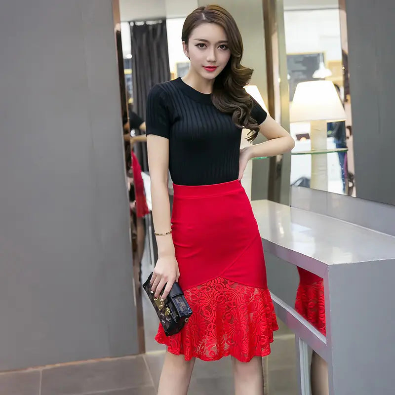High Waist Stretch Lace Stitching Fishtail Skirt