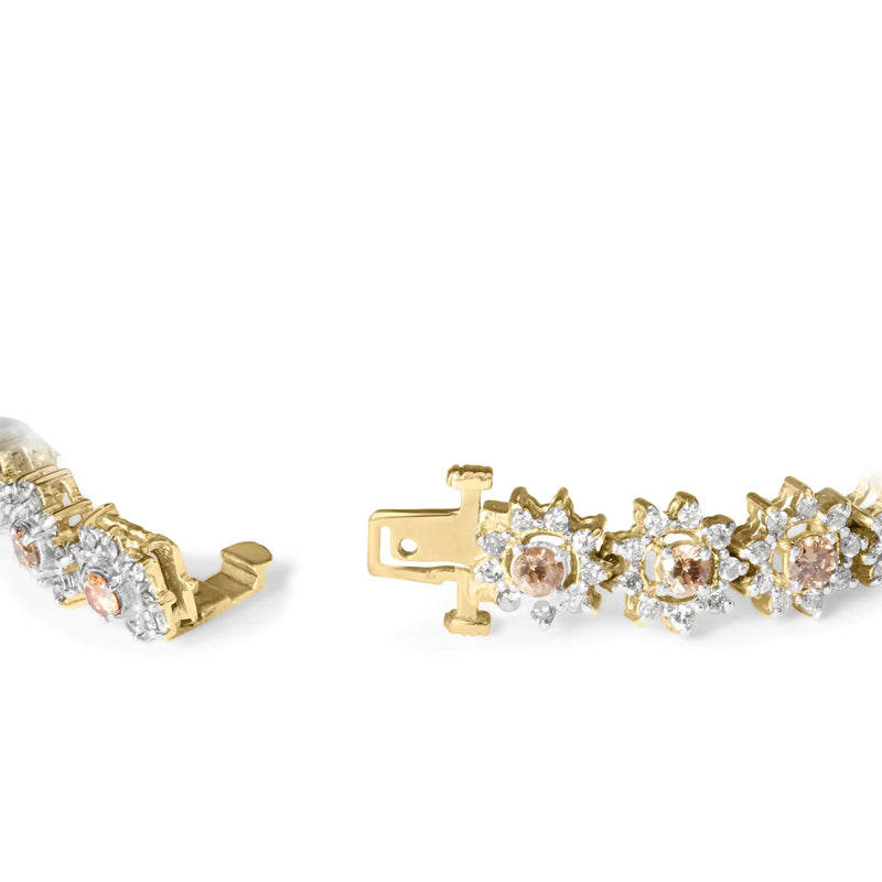 14K Yellow Gold 8.00 Cttw Champagne Diamond Floral Cluster Halo Link Bracelet (H-I Color, I1-I2 Clarity)