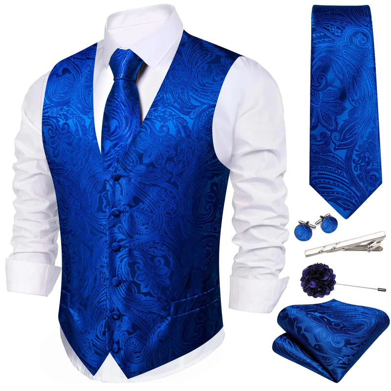 WSHOWY Mens 6PCS Vest Tie Set Royal Blue Business Silk Paisley Suit Waistcoat with Handkerchief Clip Pin for Wedding Party