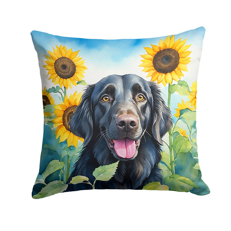 Flat-Coated Retriever in Sunflowers Throw Pillow