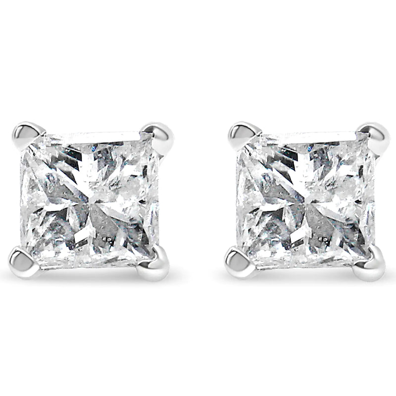 AGS Certified Princess-Cut Square Diamond 4-Prong Solitaire Stud Earrings in 14K Gold (H-I Color, I1-I2 Clarity)