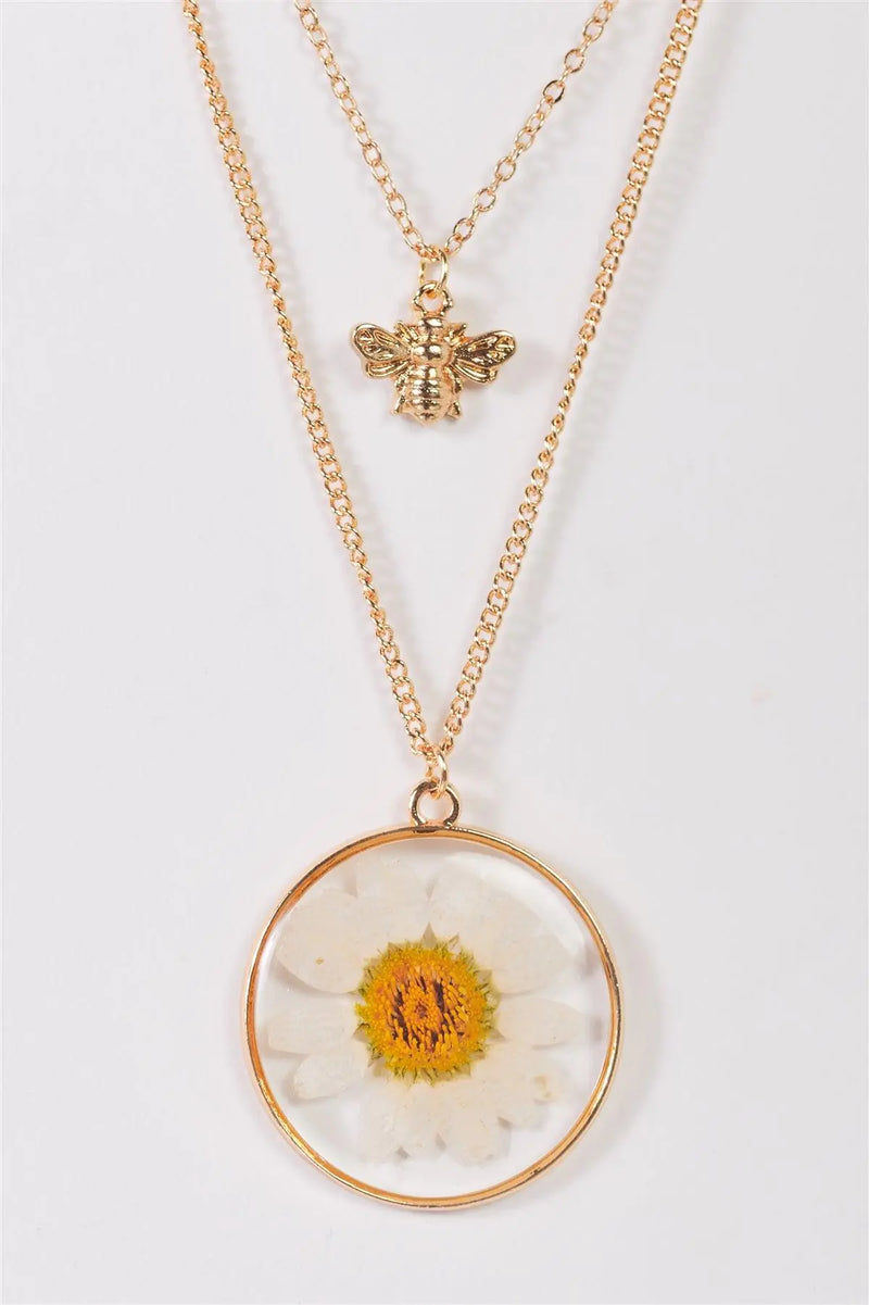 Gold Chain Real Daisy Bee Faux Diamond Pendants Necklace