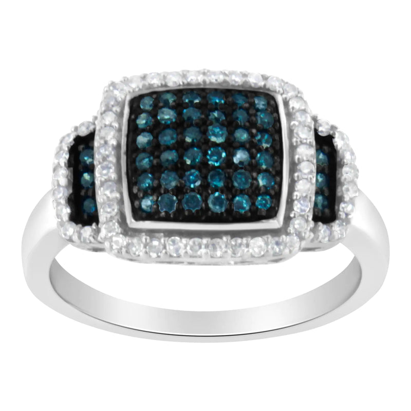 Black Rhodium Plated .925 Sterling Silver 1/2 Cttw White & Blue Diamond Square Halo Cocktail Ring (Fancy Blue & H-I Color, I2-I3 Clarity)