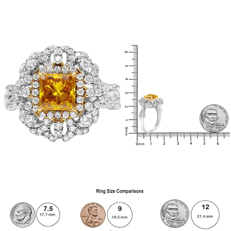 18K Yellow and White Gold 2.35 Cttw Yellow Princess Lab Grown Center Diamond Cluster Halo Cocktail Ring (Yellow/G-H Color, VS1-VS2 Clarity)