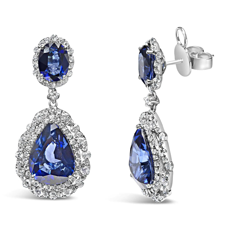 18K White Gold Blue Sapphire 2 3/4 Cttw Diamond Halo Drop Dangle Earring (G-H Color, SI1-SI2 Clarity)