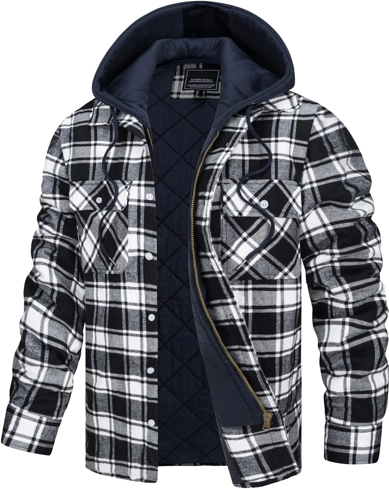 TACVASEN Flannel Hoodie for Men Long Sleeve Quilted Lined Flannel Shirt Jacket with Hood Flannel Shirts for Men Quilted Hood Coat Windproof