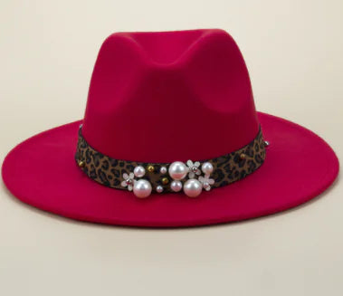 Fashion Pearl Leopard Print Wool Fedora Hat for Women