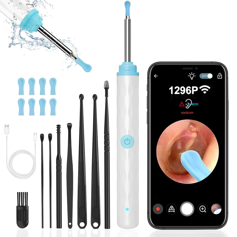 Ear Wax Removal Ear Wax Removal Tool Camera Built-in 1296P Easy and Safe Ear Cleaning Earwax Removal kit with 9 Ear Set and 8 Traditional Tools Ear Cleaning Kit for iPhone iPad Android (White)