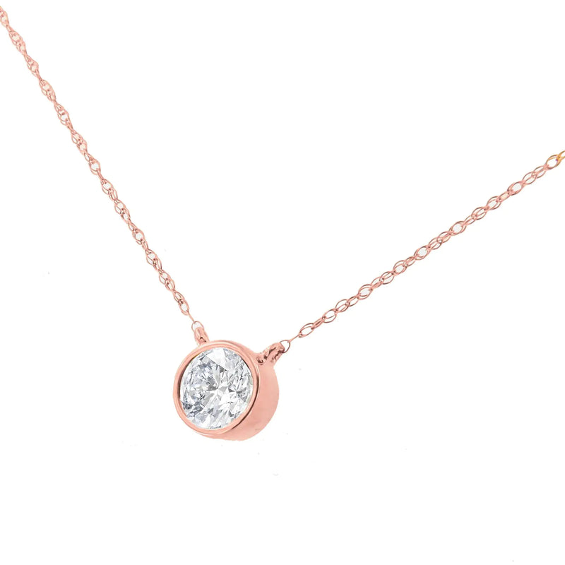 AGS Certified 10K Rose Gold 1/5 Cttw Bezel Set Round Diamond Solitaire 16-18" Adjustable Pendant Necklace (I-J Color, VS1-VS2 Clarity)