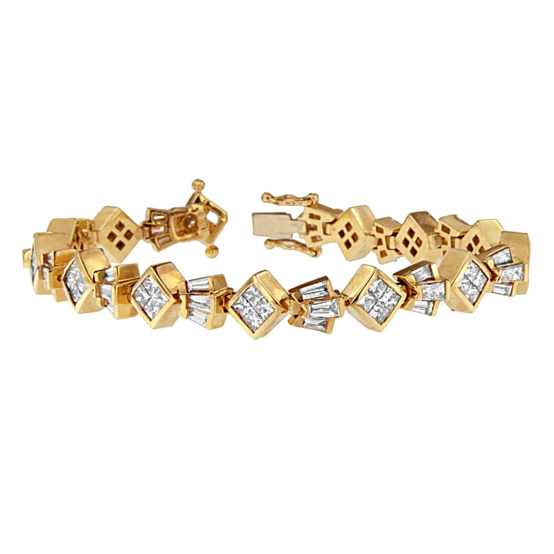 14K Yellow Gold Princess and Baguette Cut Diamond Geometric Bracelet (7 3/4 cttw, G-H Color, VS1-VS2 Clarity)