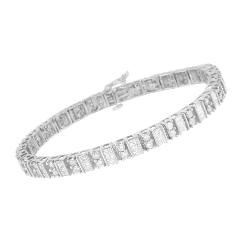 10K White Gold 4.0 Cttw Alternating Baguette & Round Cut Diamond Bezel- & Prong-Set 7" Tennis Bracelet (G-H Color, SI1-SI2 Clarity)