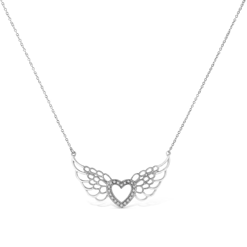 .925 Sterling Silver Pave-Set Diamond Accent Fairy Wing 18" Heart Pendant Necklace (I-J Color, I1-I2 Clarity)