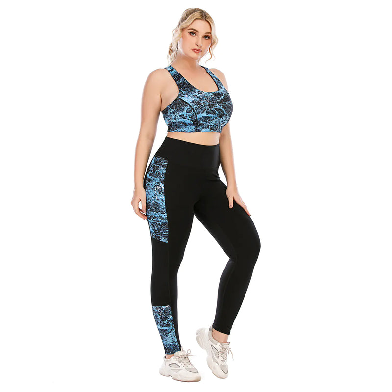 Plus Size Marble Print Yoga Suit with Sports Bra
