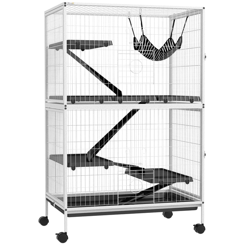 PawHut 50" 5-Tier Small Animal Cage Ferret Cage Large Chinchilla Cage with Hammock Accessory & Heavy-Duty Steel Wire Small Animal Habitat with 4 Doors Removable Tray White