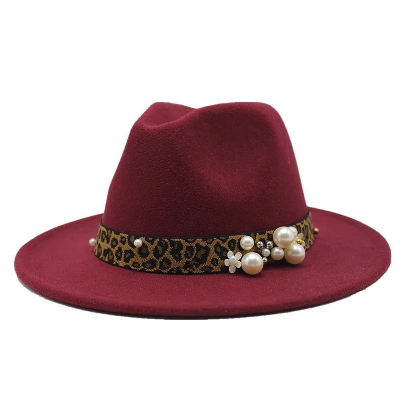 Fashion Pearl Leopard Print Wool Fedora Hat for Women