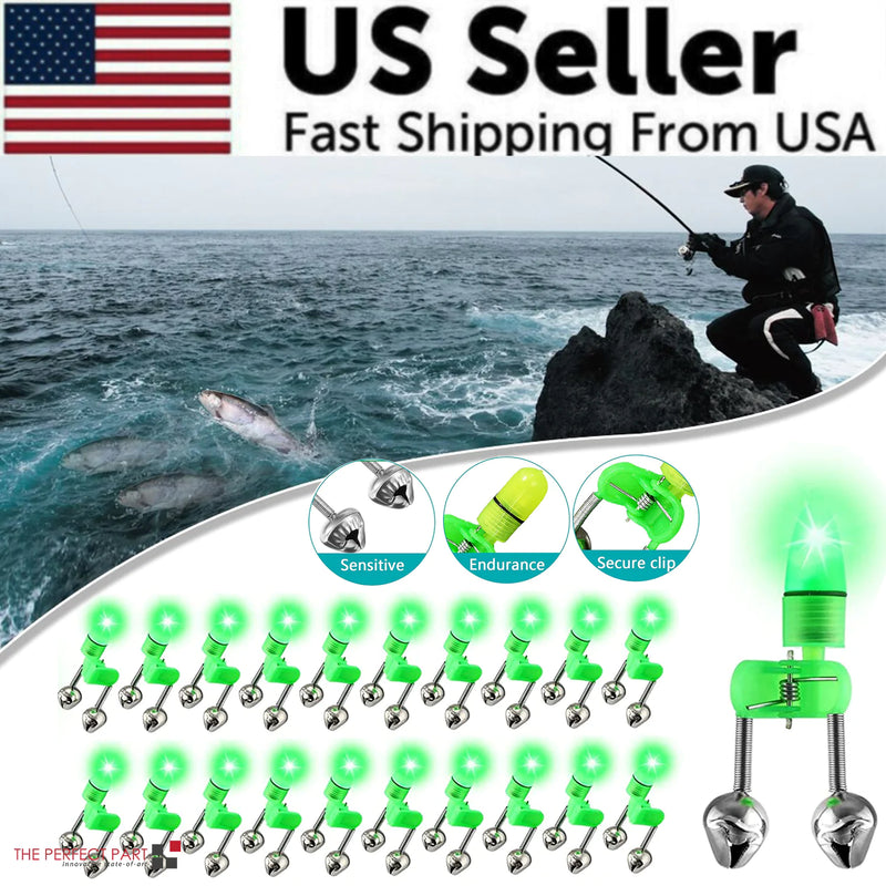 10/40 PC LED Night Fishing Bite Bait Alarm 2 Bells Light Rod Tip Clip Alert Ring