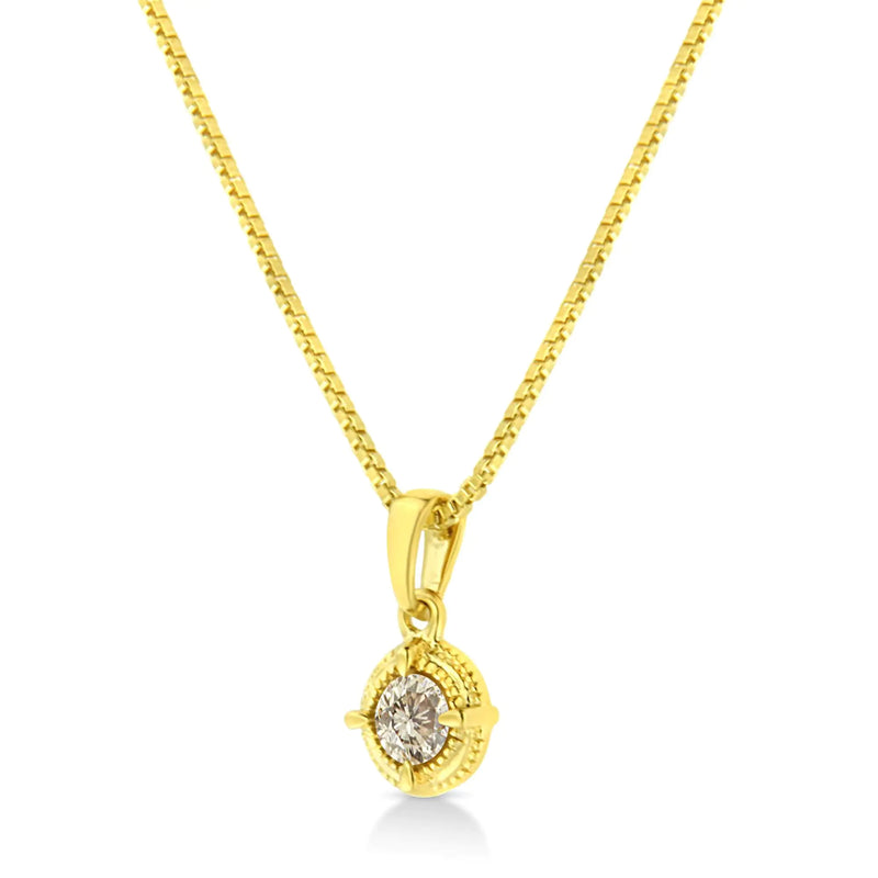 14K Yellow Gold Plated .925 Sterling Silver Brilliant Round Cut Diamond Solitaire Milgrain 18" Pendant Necklace