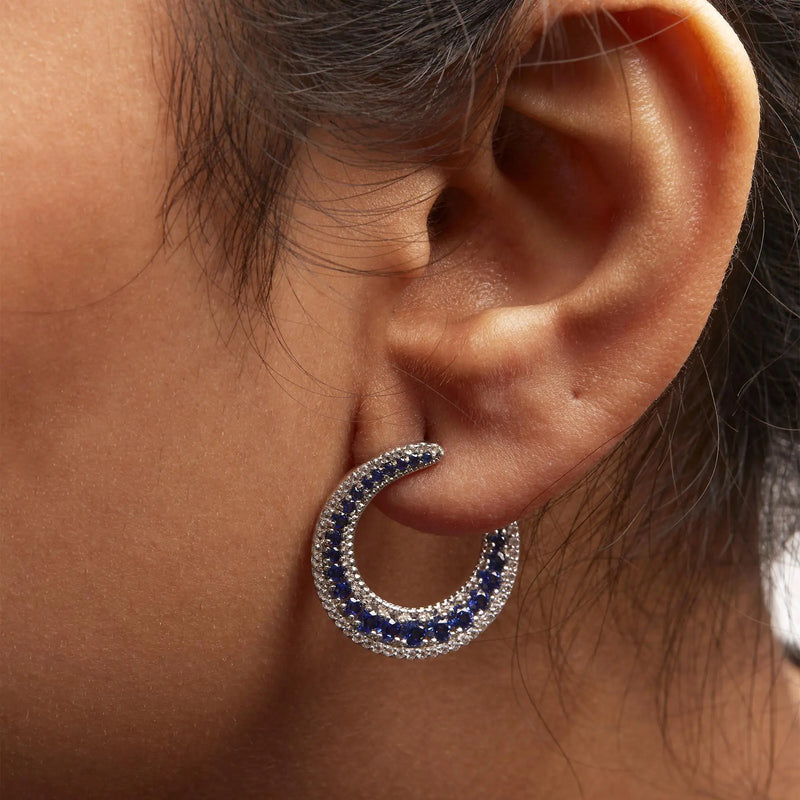 .925 Sterling Silver 2 3/4 Cttw Created Blue Sapphire Crescent Moon Disc Style Hoop Earrings - AAA Quality