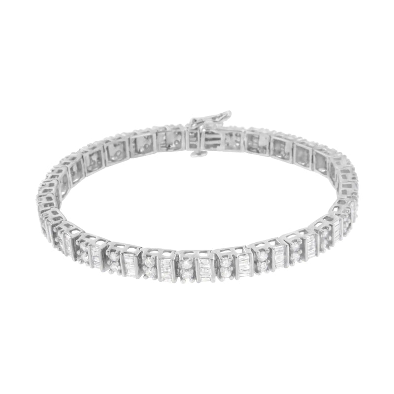 10K White Gold 4.0 Cttw Alternating Baguette & Round Cut Diamond Bezel- & Prong-Set 7" Tennis Bracelet (G-H Color, SI1-SI2 Clarity)