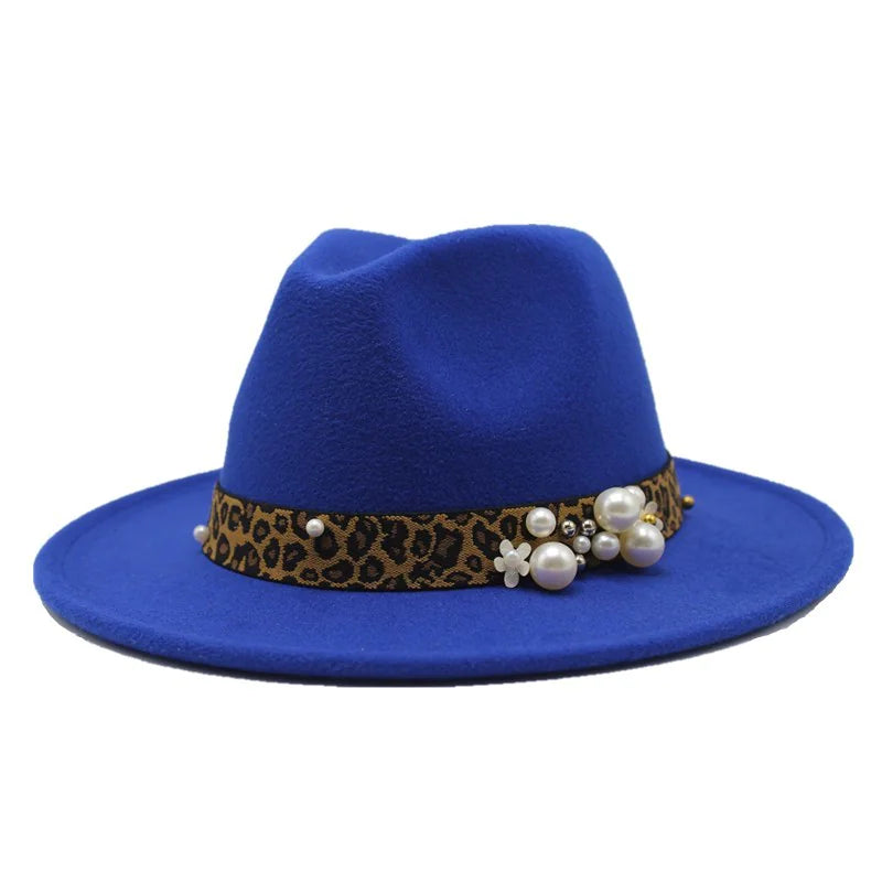 Fashion Pearl Leopard Print Wool Fedora Hat for Women