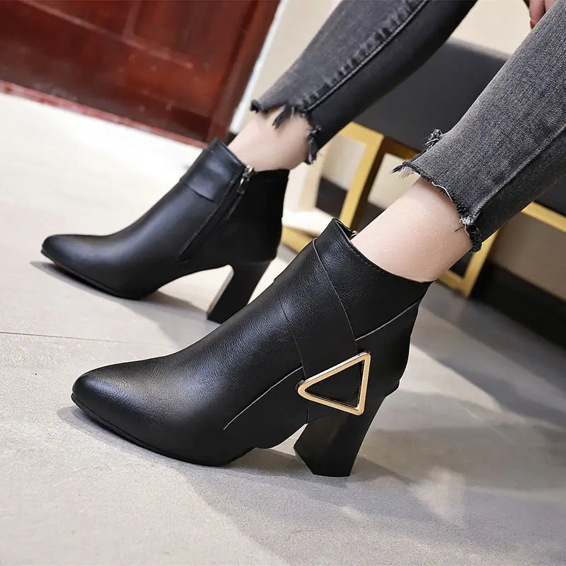 Chic Chunky Heel Pointed Toe Ankle Boots with Metal Decor