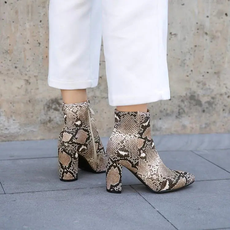 Snake Print Thick Heel Ankle Martin Boots
