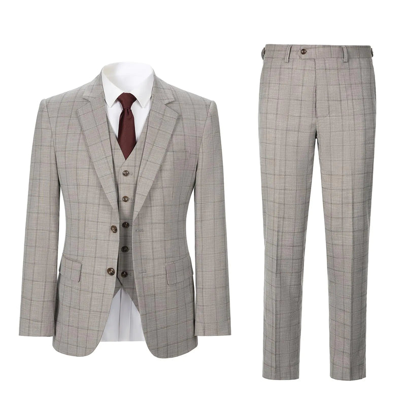 Mens 3 Pieces Slim Fit Plaid Suits Wedding Party Checked Tuxedo Blazer Jacket Vest Pants Suit Set Sand XL