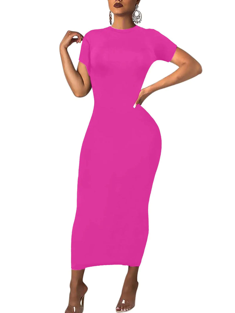 Womens Long Bodycon Dresses Casual Maxi Club Party Tight Shirt Dress Short Sleeve Pink XXL