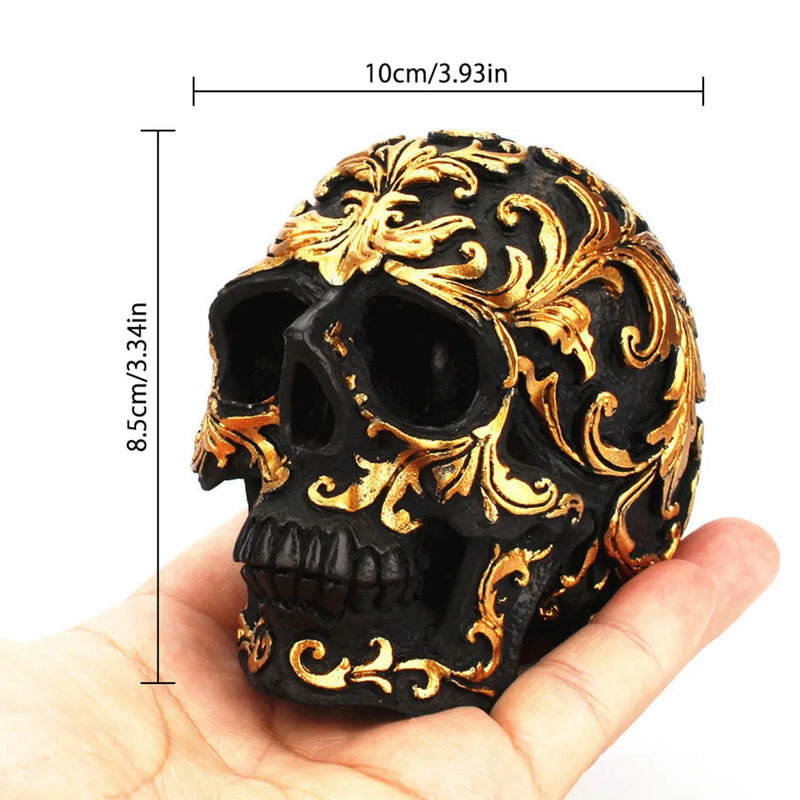 Resin Craft Black Skull Head Golden Carving