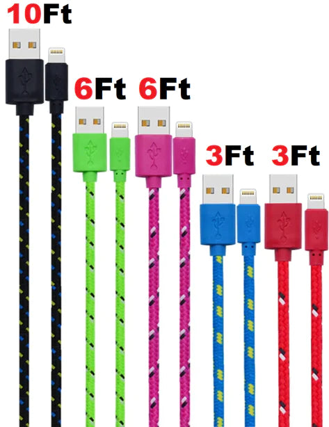 Charging Data Cable 5 Pack 3/6/10ft Charger Nylon Braided For Apple iPhone iPad