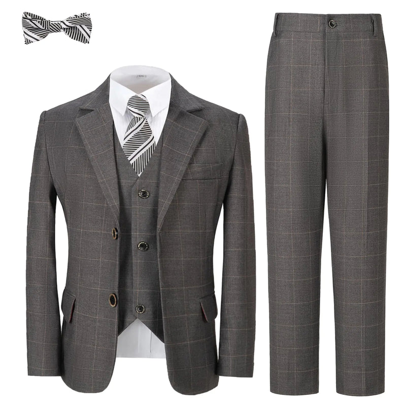 Boy Suits 5 Piece Grey Formal Plaid Kids Tuxedo Suit for Boys Wedding Outfit Slim Fit Prom Performances Dresswear Set Size 12