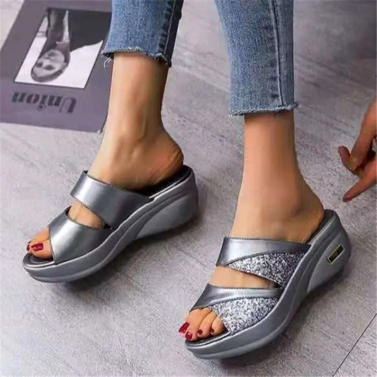 Sequined Wedge Heel Fish Mouth Slippers for Women