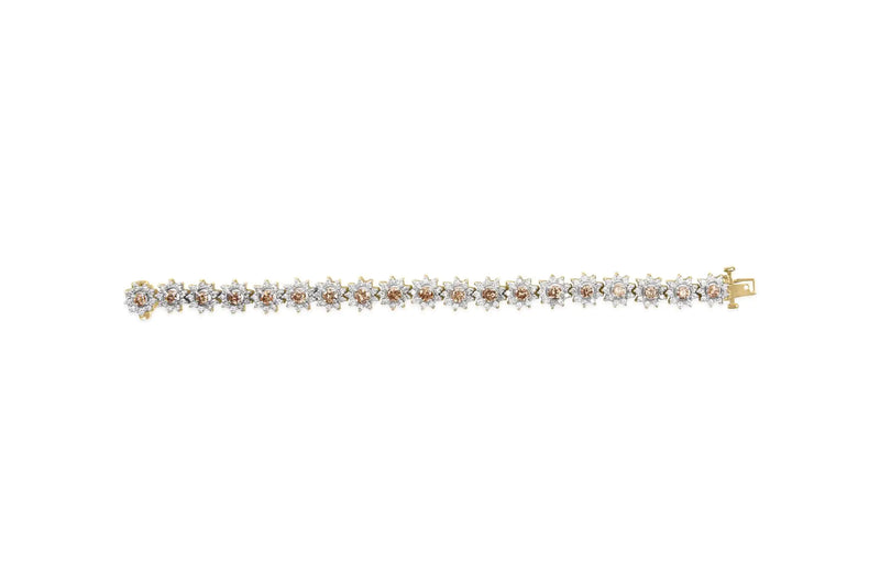 14K Yellow Gold 8.00 Cttw Champagne Diamond Floral Cluster Halo Link Bracelet (H-I Color, I1-I2 Clarity)