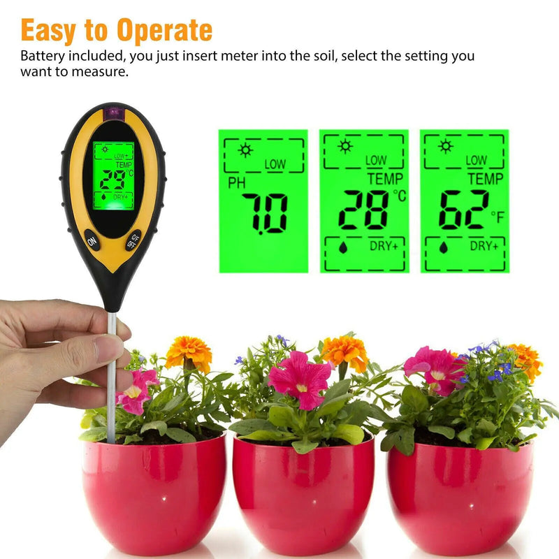 4 In 1 LCD Digital Soil Tester PH Water Moisture Temperature Sunlight Plant Test