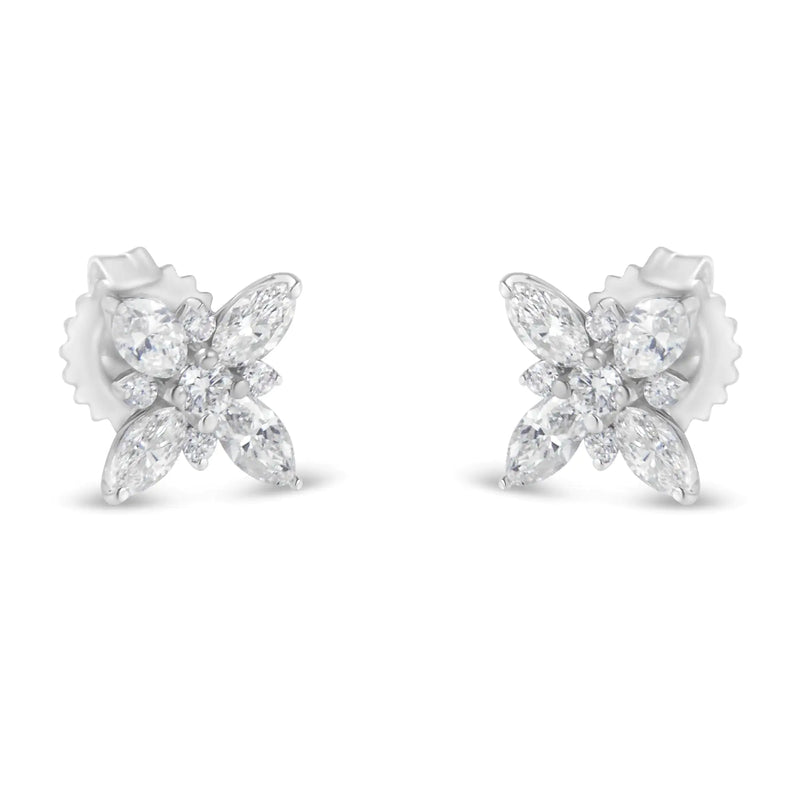 14K White Gold Marquise Diamond Flower Stud Earring (1.00 cttw, H-I Color, SI1-SI2 Clarity)