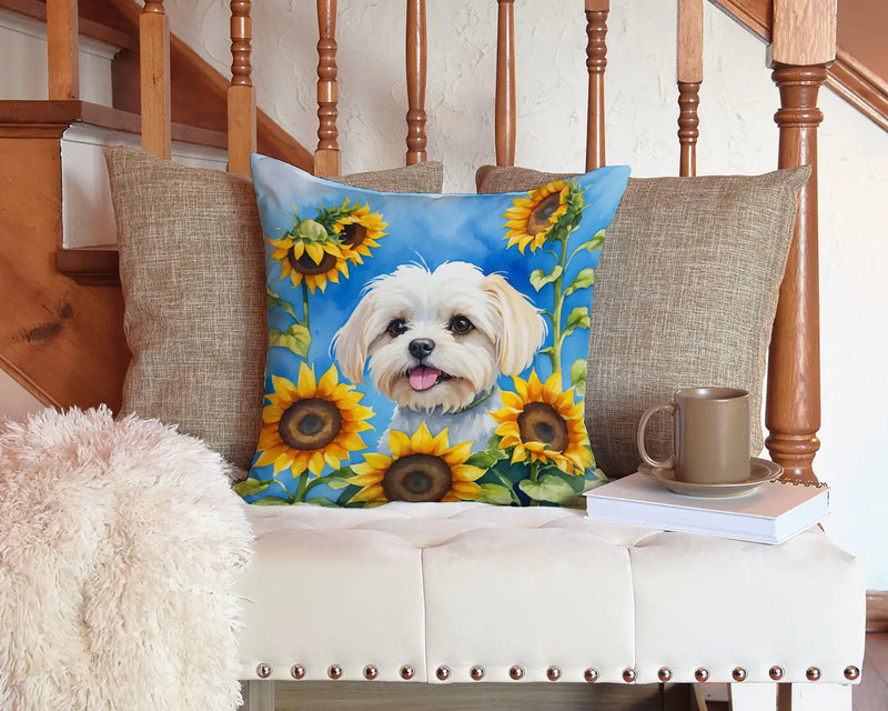 Maltese in Sunflowers Throw Pillow