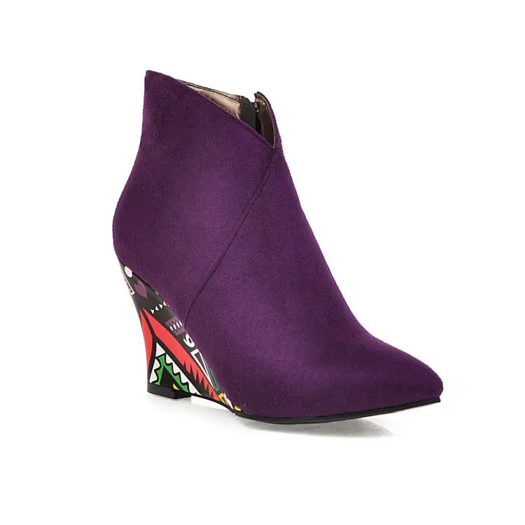 Floral Ankle Boots with Pointed Toe Wedge Heel