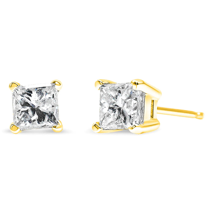 AGS Certified Princess-Cut Square Diamond Solitaire Stud Earrings in 14K Gold (J-K Color, SI1-SI2 Clarity)