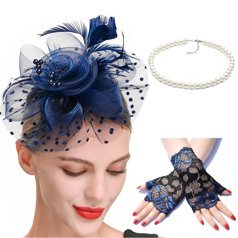 EDSPORT Fascinators Hat for Women 3PCS Tea Party Hat and Gloves Kentucky Derby hats Headband Hair Clip for Wedding Church Costume Events Blue