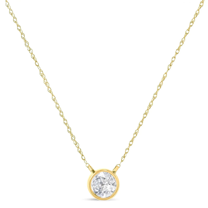 AGS Certified 10K Gold Bezel Set Round Diamond Solitaire 16-18" Adjustable Pendant Necklace (H-I Color, SI1-SI2 Clarity)