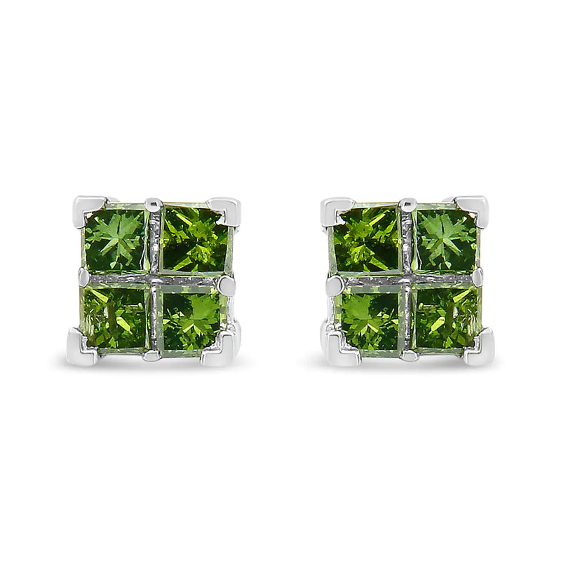 .925 Sterling Silver Treated Green Princess-cut Diamond 4 Stone Composite Quad Stud Earring (Green Color, I1-I2 Clarity)